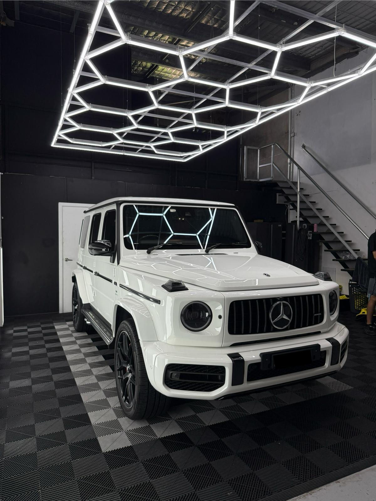 White Mercedes G63 AMG in the A1 Auto Styling workshop after a premium ceramic coating